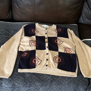 Women's Beige and Navy Leaf Pattern Sweater